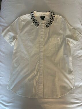 J. Crew White Short Sleeve Shirt with Beaded Black Trim Collar